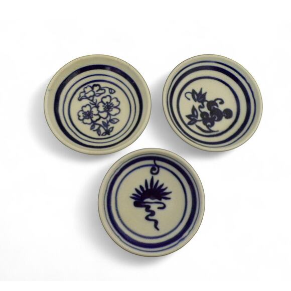 Studio Pottery Rustic Earthenware Bowls (3) Floral Patterns Cobalt Blue 6" - Picture 1 of 2